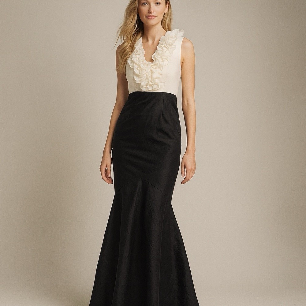 Xscape Black and Ivory Ruffled V-Neck Prom Dress